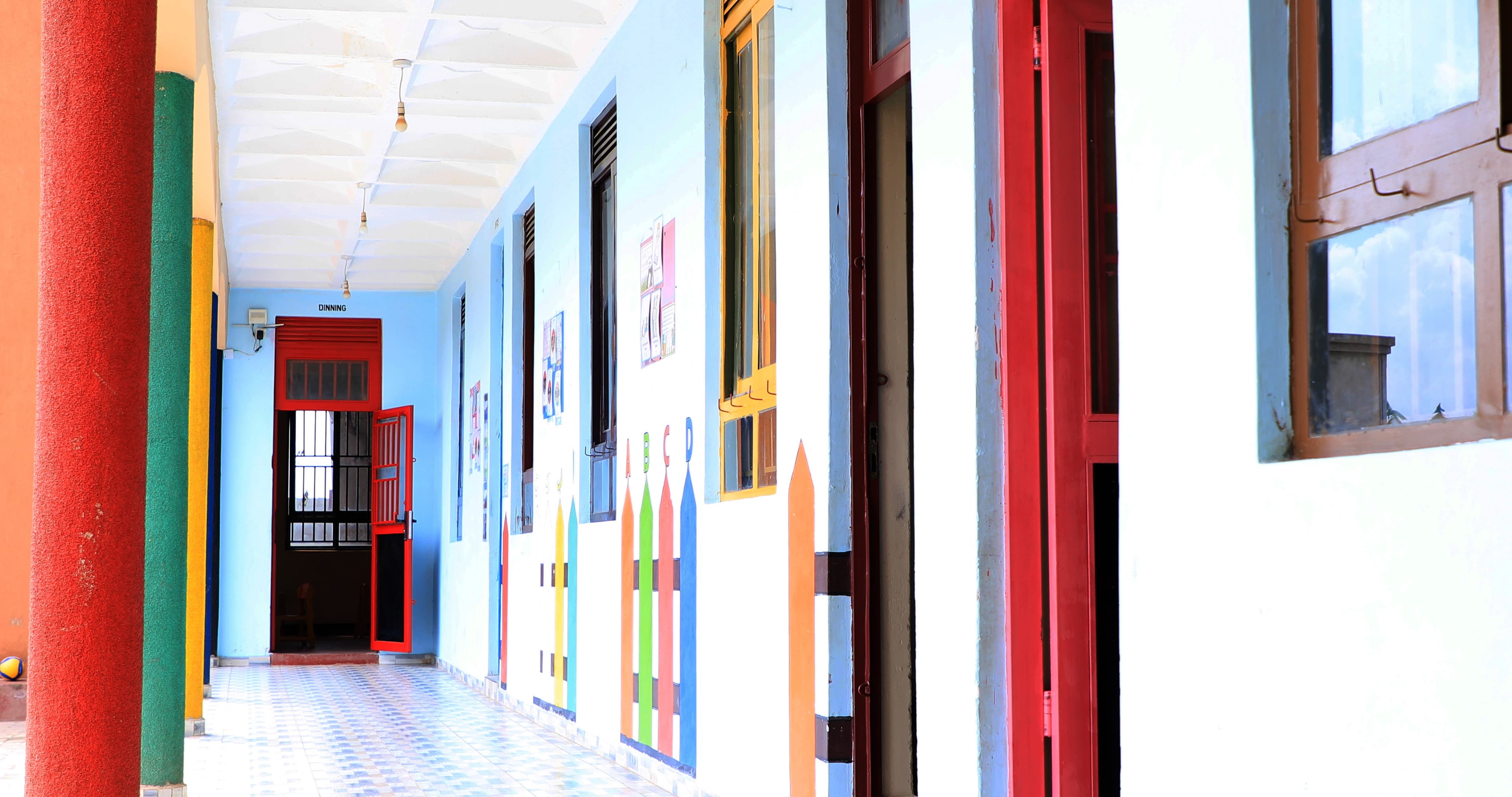 A classroom corridor at Tamayuz Junior School, painted with the alphabet